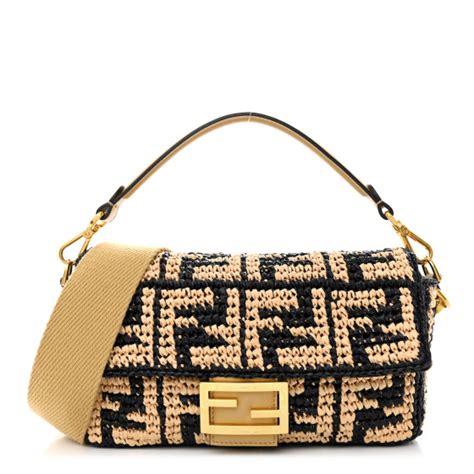 FENDI Raffia Vitello Grace FF Crochet Baguette .